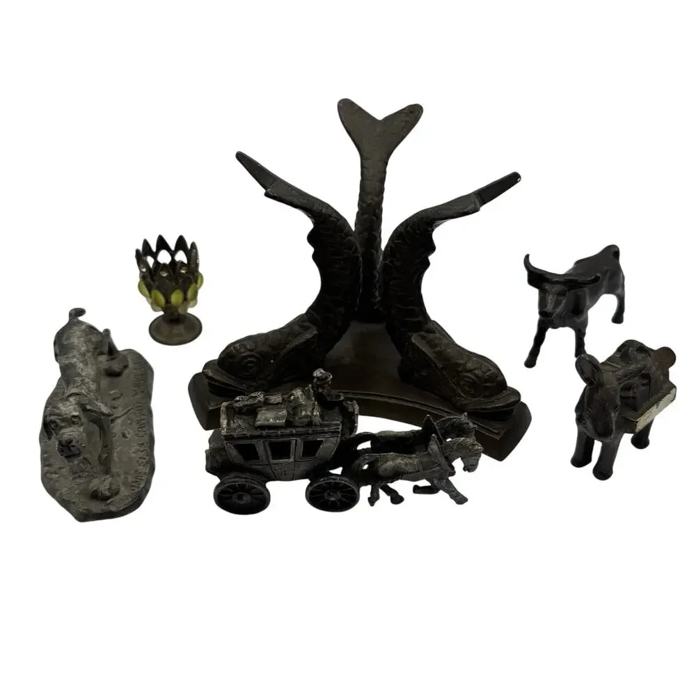 Vintage Cast Metal Figurine Lot Stagecoach Donkey Ox Fish Bookend Dog Plaque 7pc - Picture 1 of 7